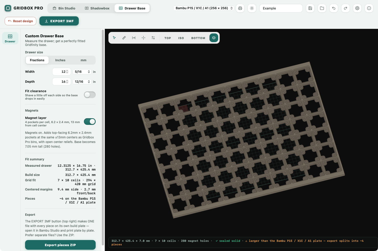 A drawer base split automatically into printer-sized pieces in Gridbox Pro