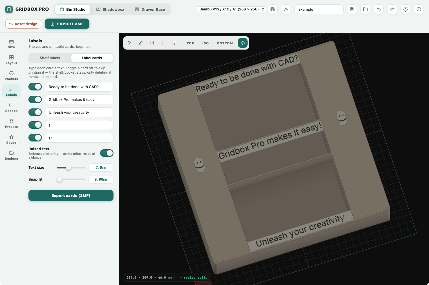 Gridbox Pro's Bin Studio: a tray with printable label cards reading Ready to be done with CAD? Gridbox Pro makes it easy